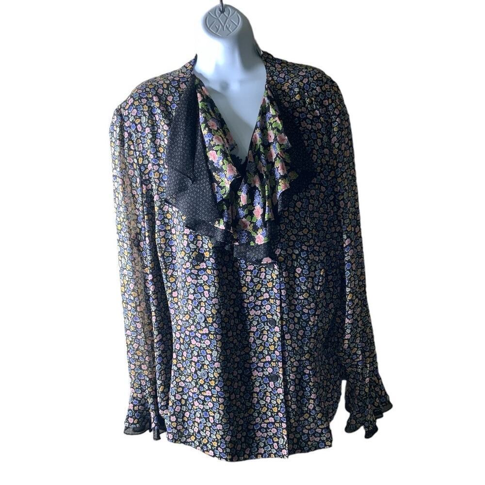 Vintage Elisabeth Floral Blouse Women's Plus Size 22 Long Sleeve Ruffled Lined